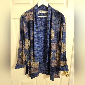 Chaus Woman Blue And Tan Open Front Blouse Cardigan Kimono Size 16